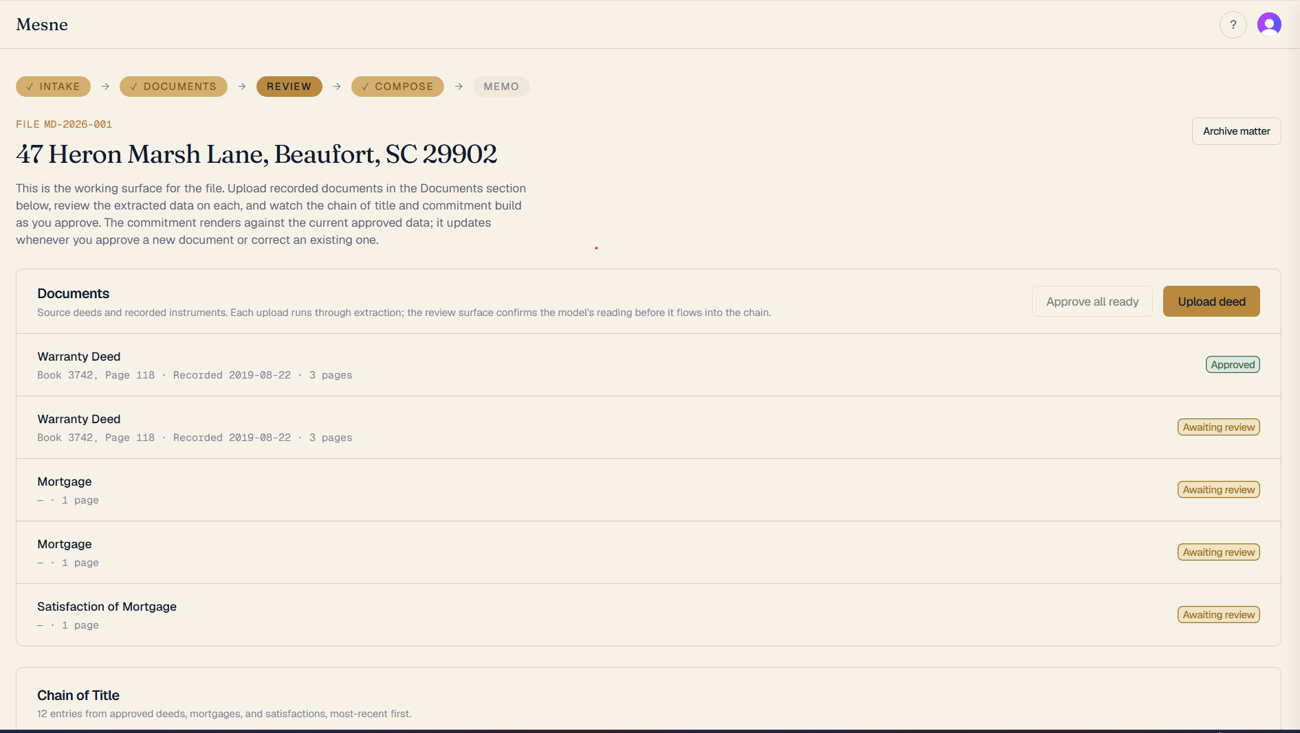 Mesne matter detail page showing 5 recorded documents with extraction status